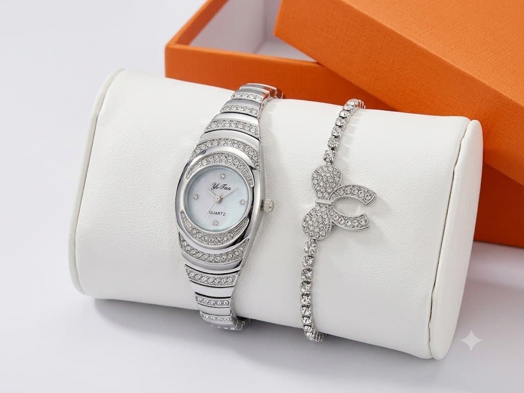 Elegant Rhinestone Watch & Bow Bracelet Gift Set