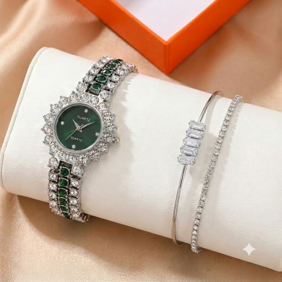 Elegant Green Dial Watch & Bracelet Set
