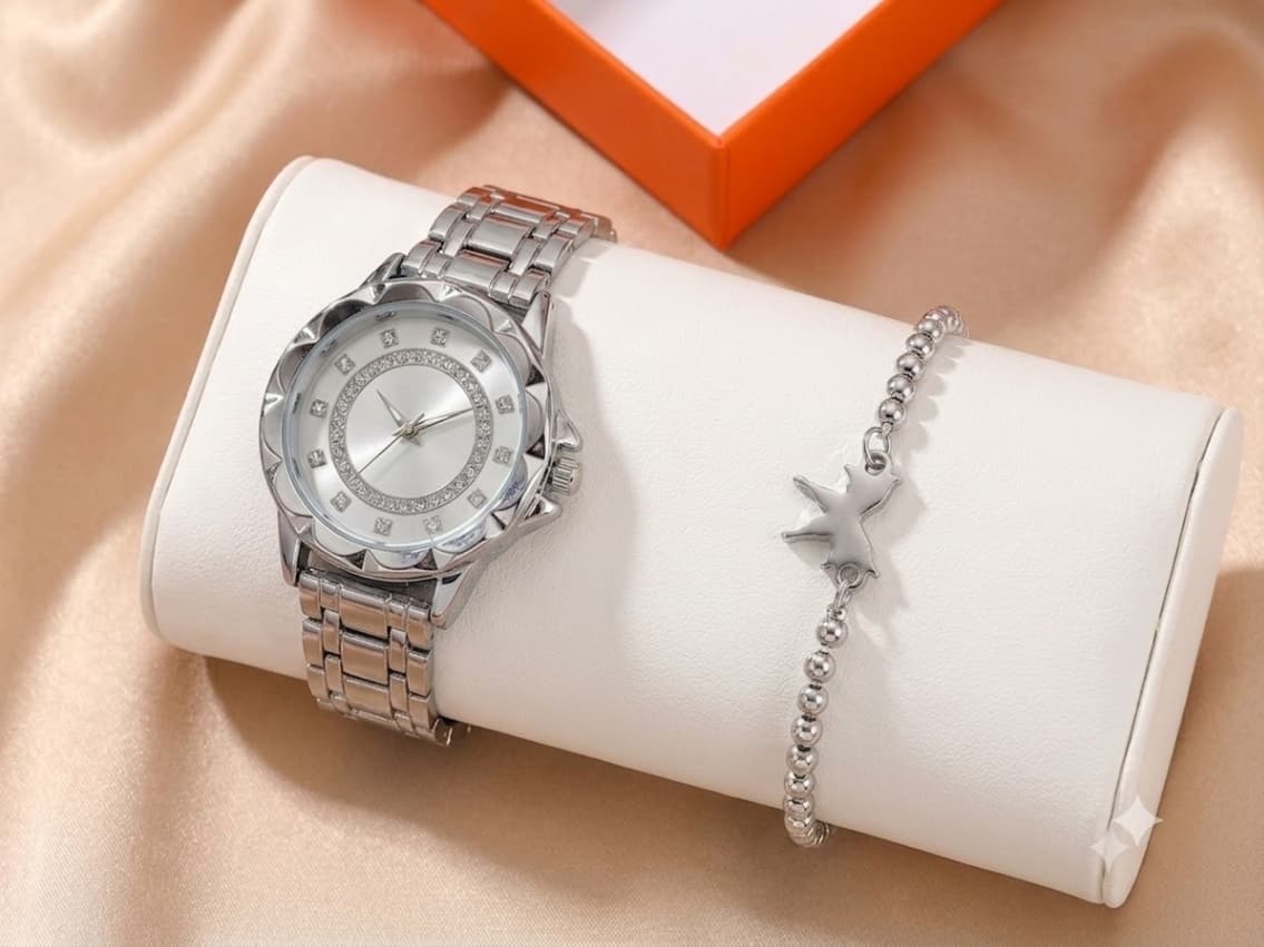 Elegant Silver Watch & Bird Charm Bracelet Set