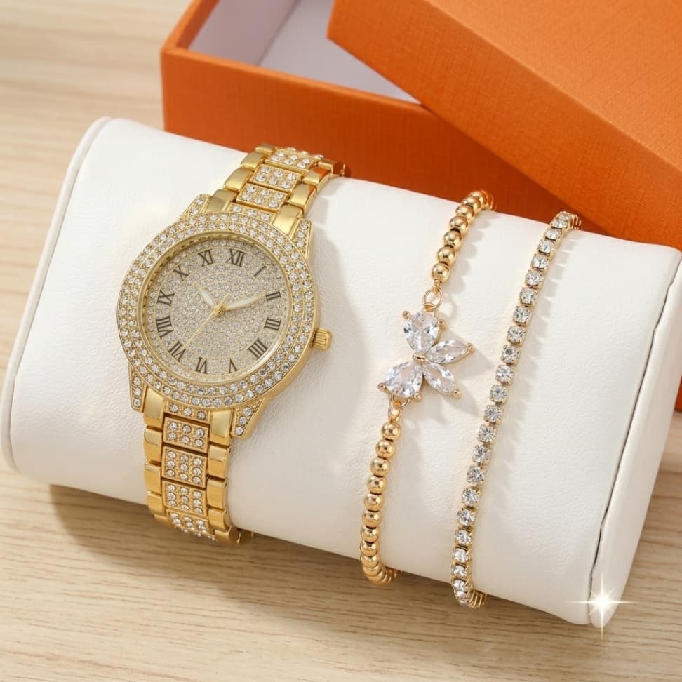 Glamorous Gold Watch & Crystal Bracelet Set