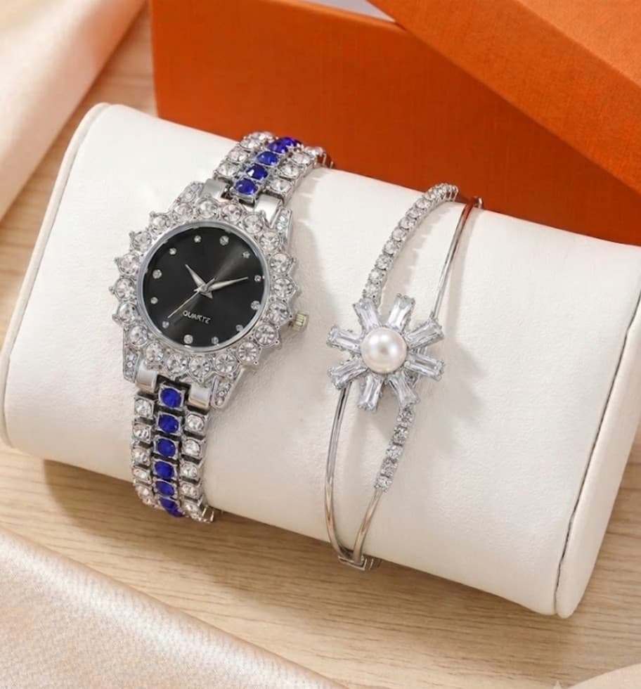 Dazzling Rhinestone Watch & Elegant Pearl Bracelet Set